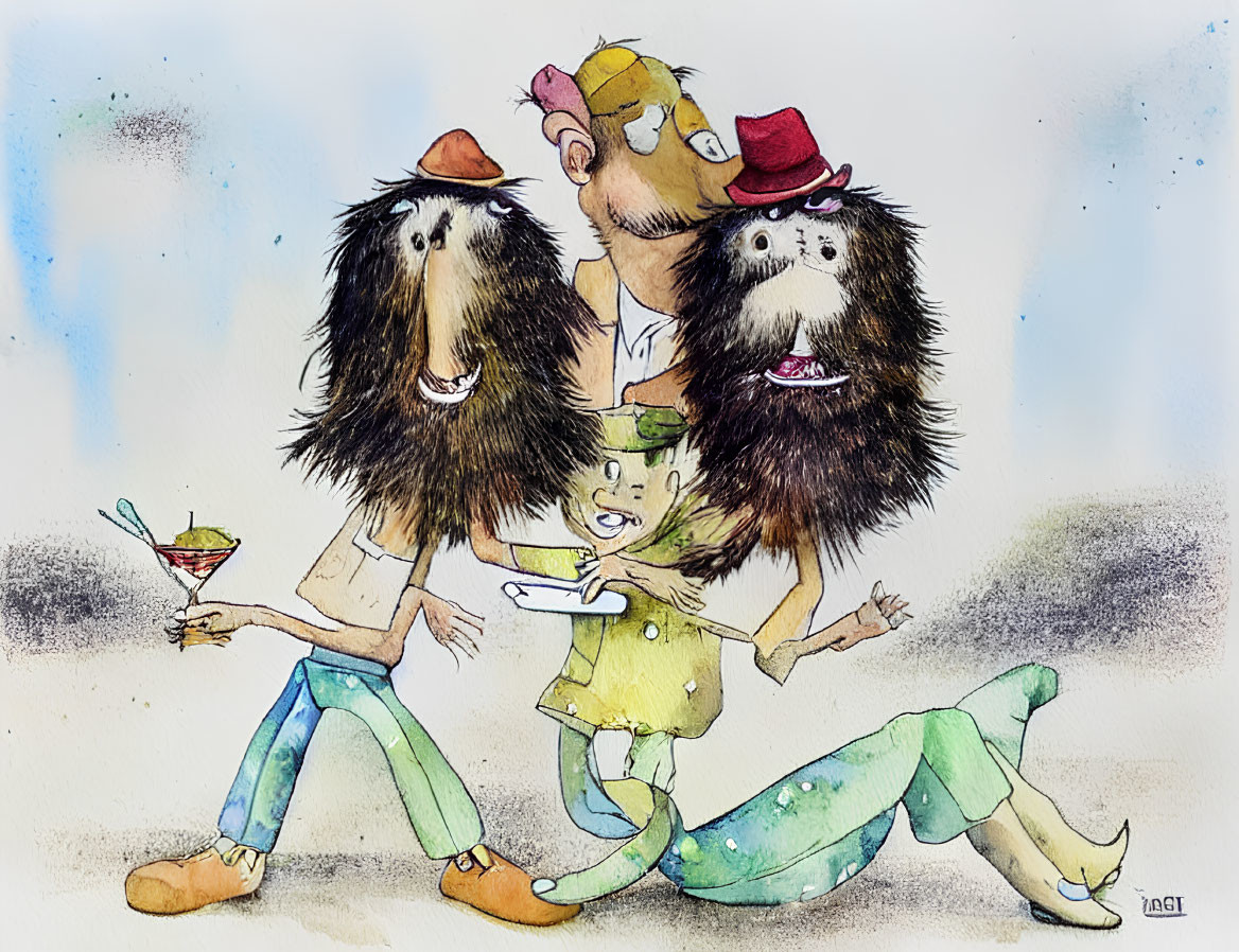 Colorful watercolor illustration of three animated characters with hedgehog-like faces in clothes and accessories walking happily