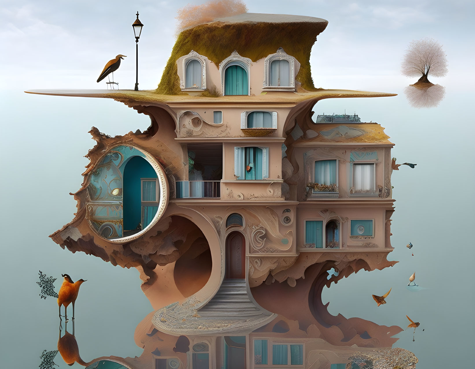 Whimsical floating building with organic curves and birds