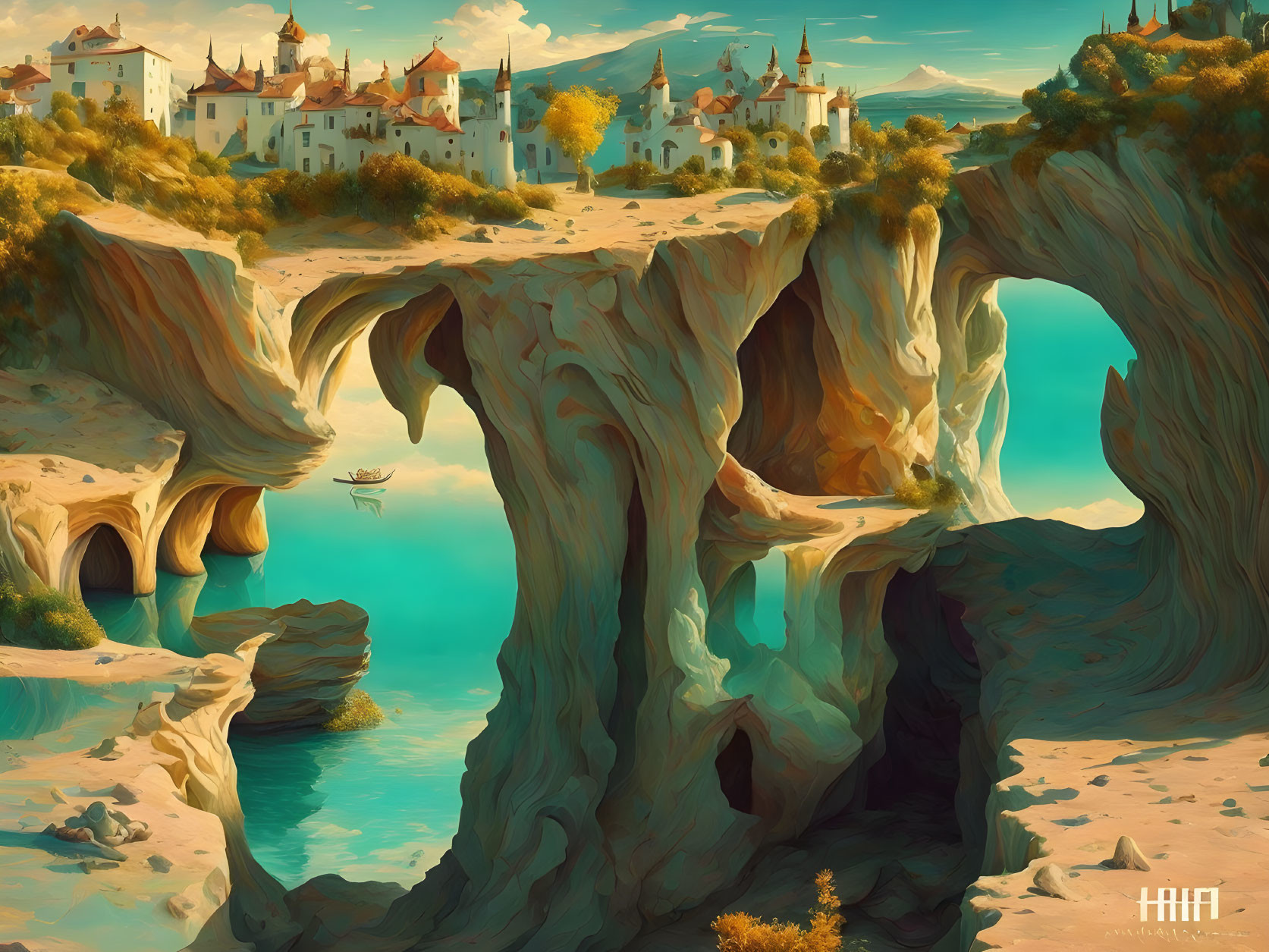 Fantasy artwork: Stone arch formation, town, tranquil landscape