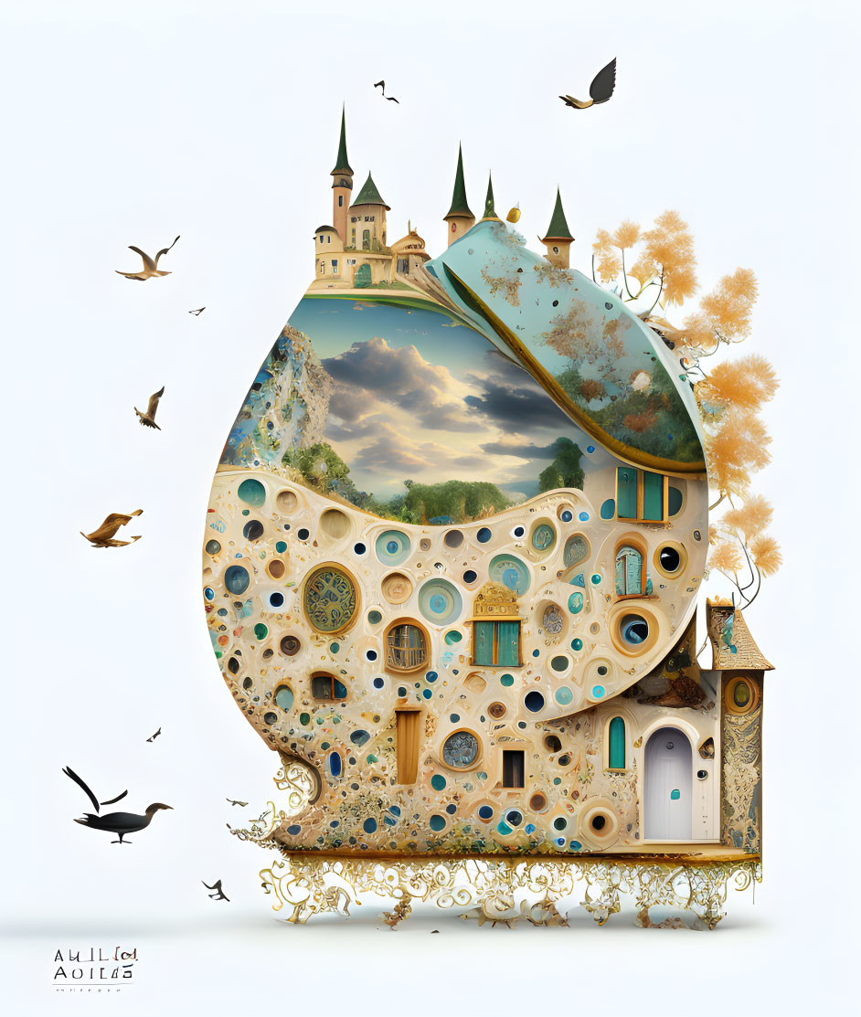 Whimsical artwork of castle on surreal egg-shaped structure