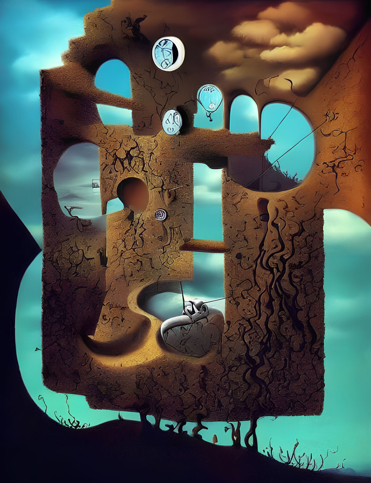 Abstract surreal artwork with clocks, winding stairs, boat, and twilight backdrop