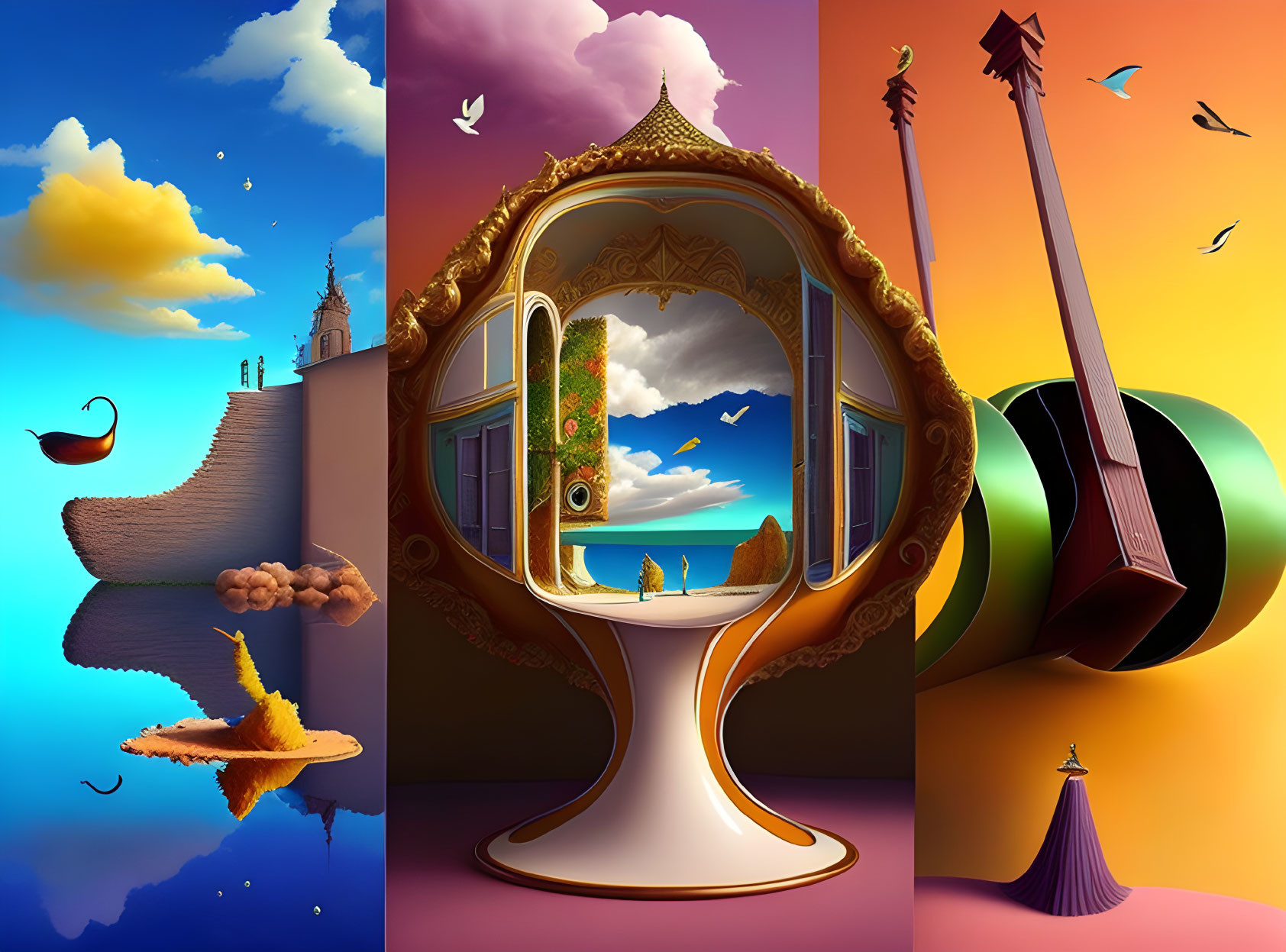 Surreal collage: golden mirror, rural scene, guitar, stretched horizon, colorful pie chart.