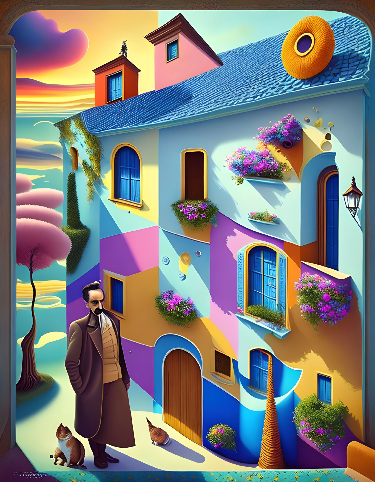 Surreal painting of man with cats near colorful houses and floating islands