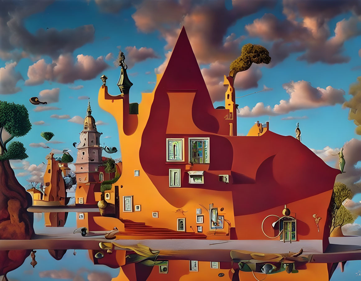 Surreal landscape: warped buildings, reflective water, floating greenery