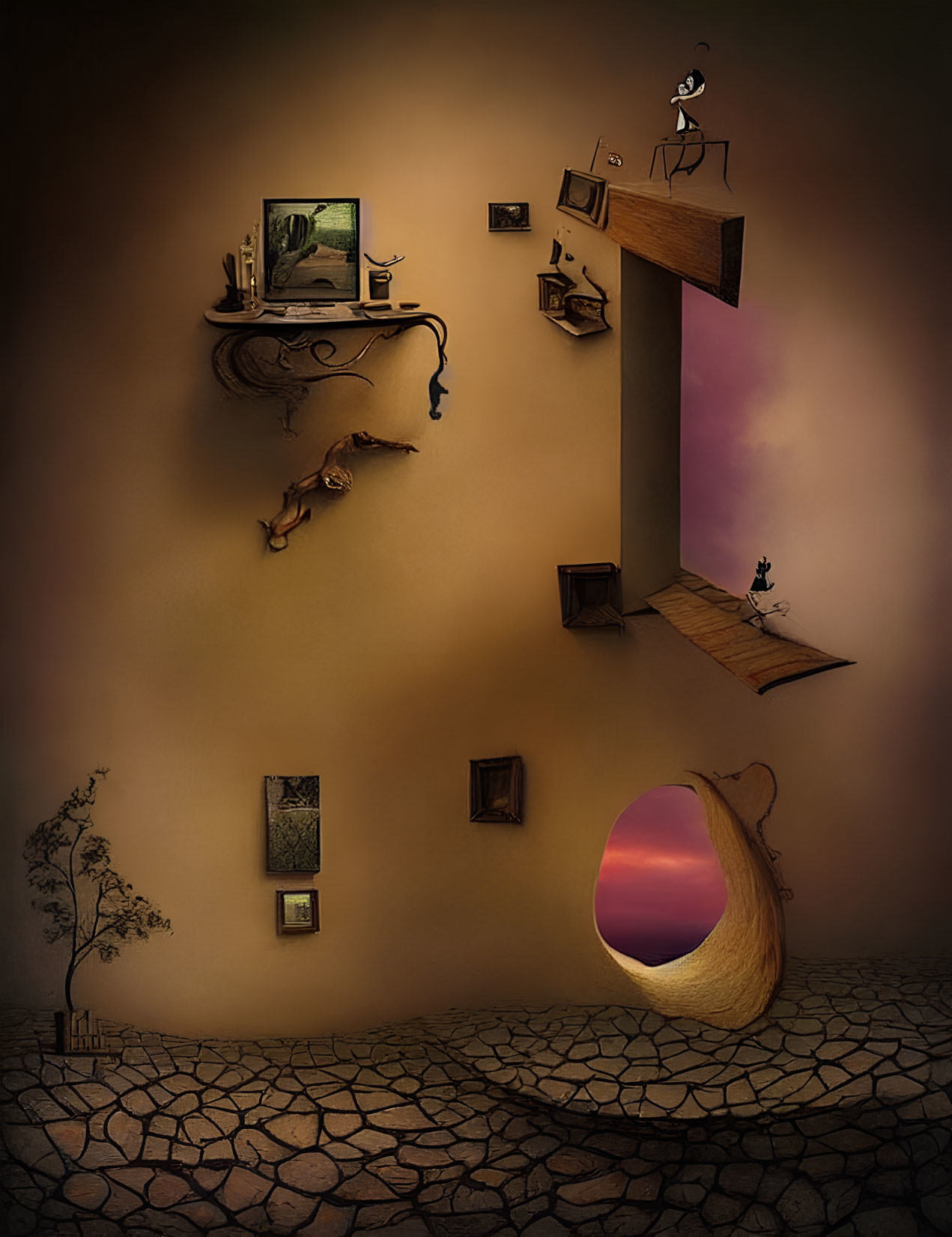 Surreal room with upside-down dog, person on ledge, and furniture on walls