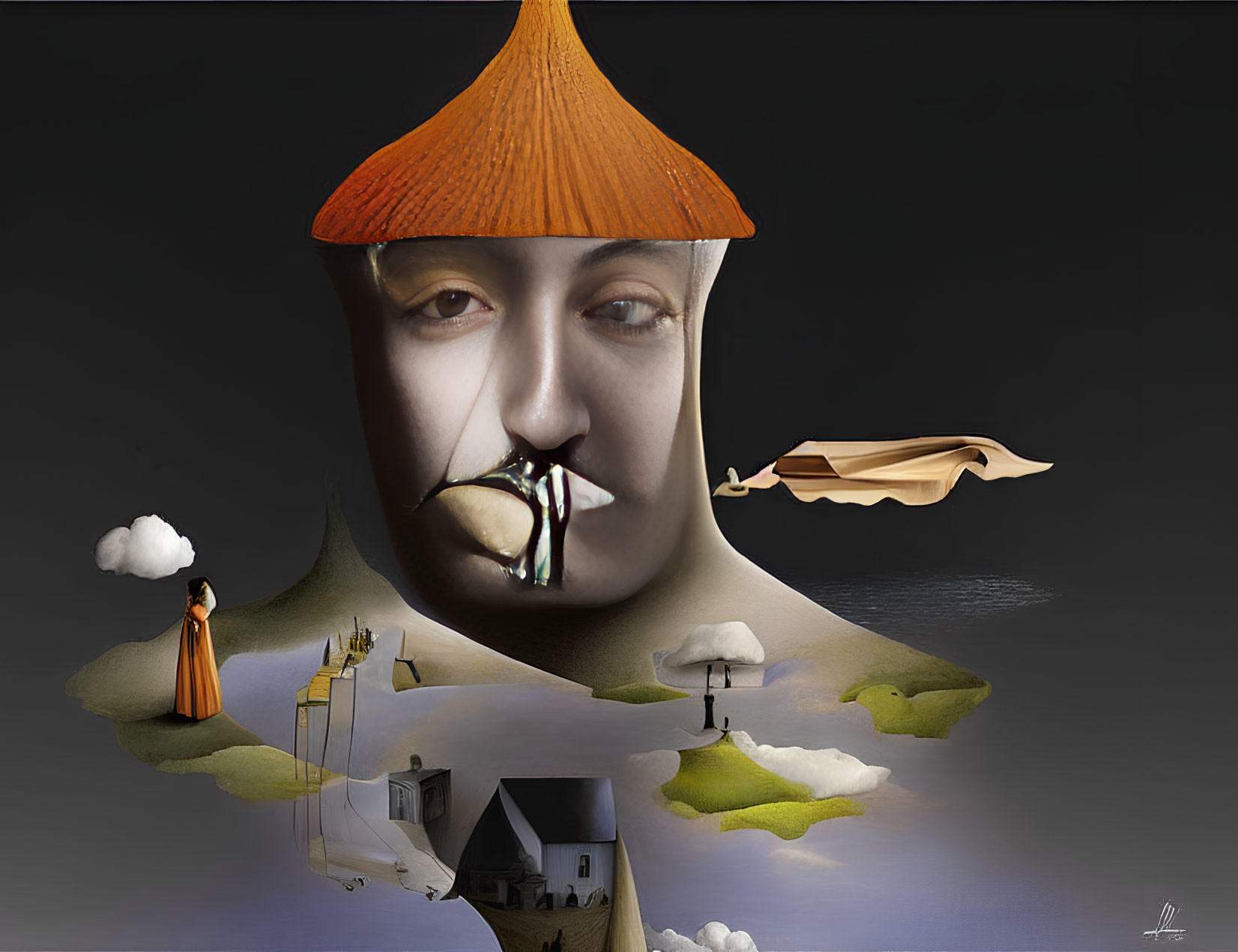 Surreal artwork: face with roof hat, clouds, water, boat, houses integrated.