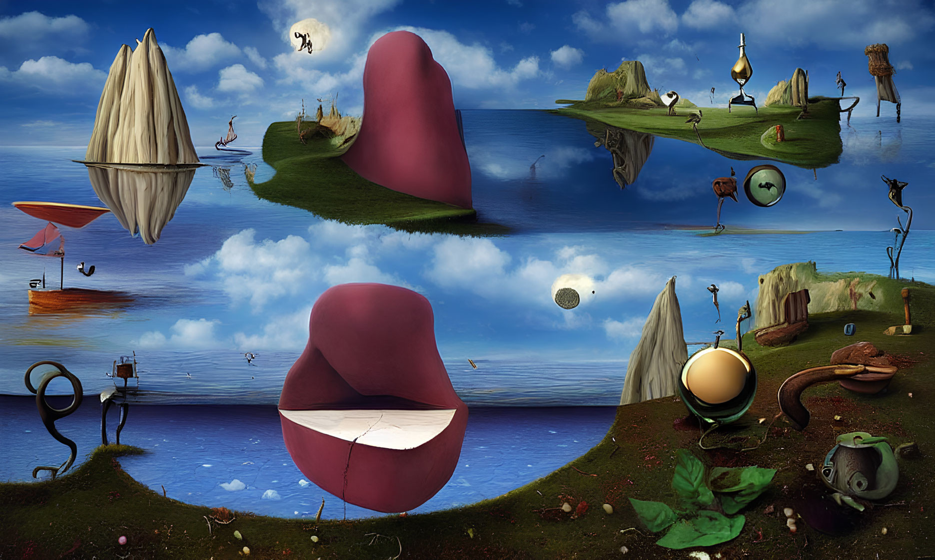 Surreal landscape with floating islands and whimsical objects