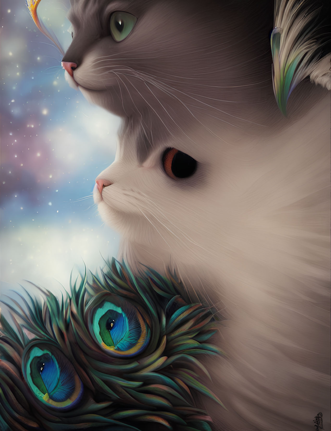 Gray and White Cat with Orange Eyes and Peacock Feather in Cosmic Setting