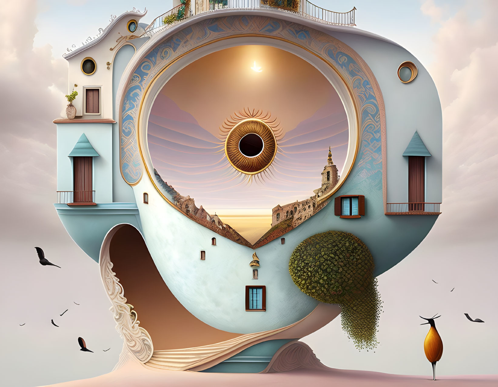 Whimsical eyeball-shaped structure with bird and architectural elements