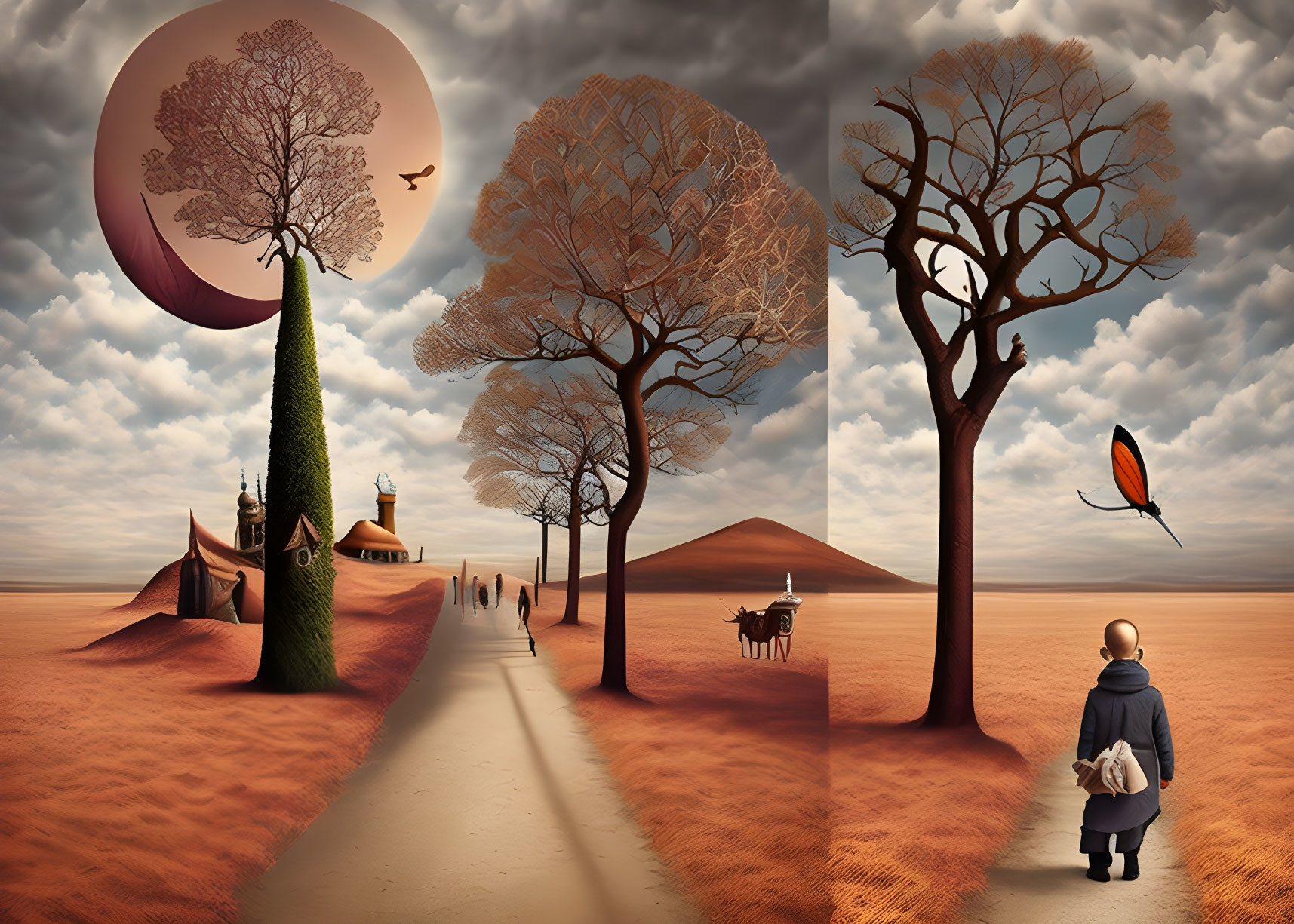 Surreal desert landscape with oversized trees, monk, dunes, tents, couple, feather,