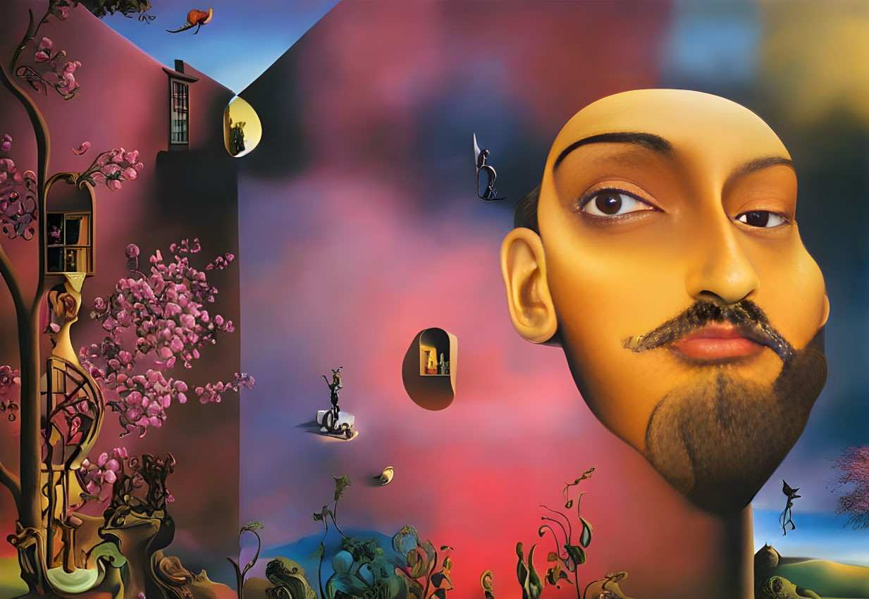 Large Male Face Painting with Nature Elements and Small Figures