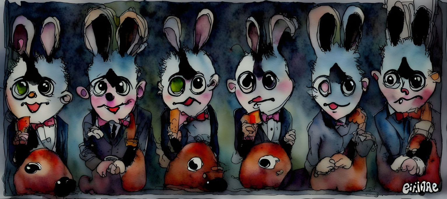 Anthropomorphic rabbits in formal attire against a dark backdrop