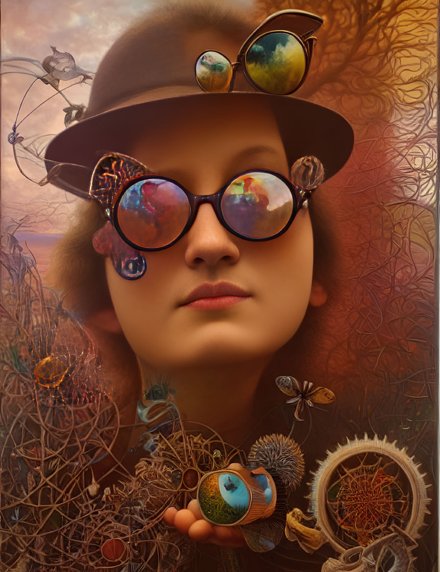 Surreal portrait featuring person with galaxy-reflected glasses, planet hat, and universe-themed mechanical bird
