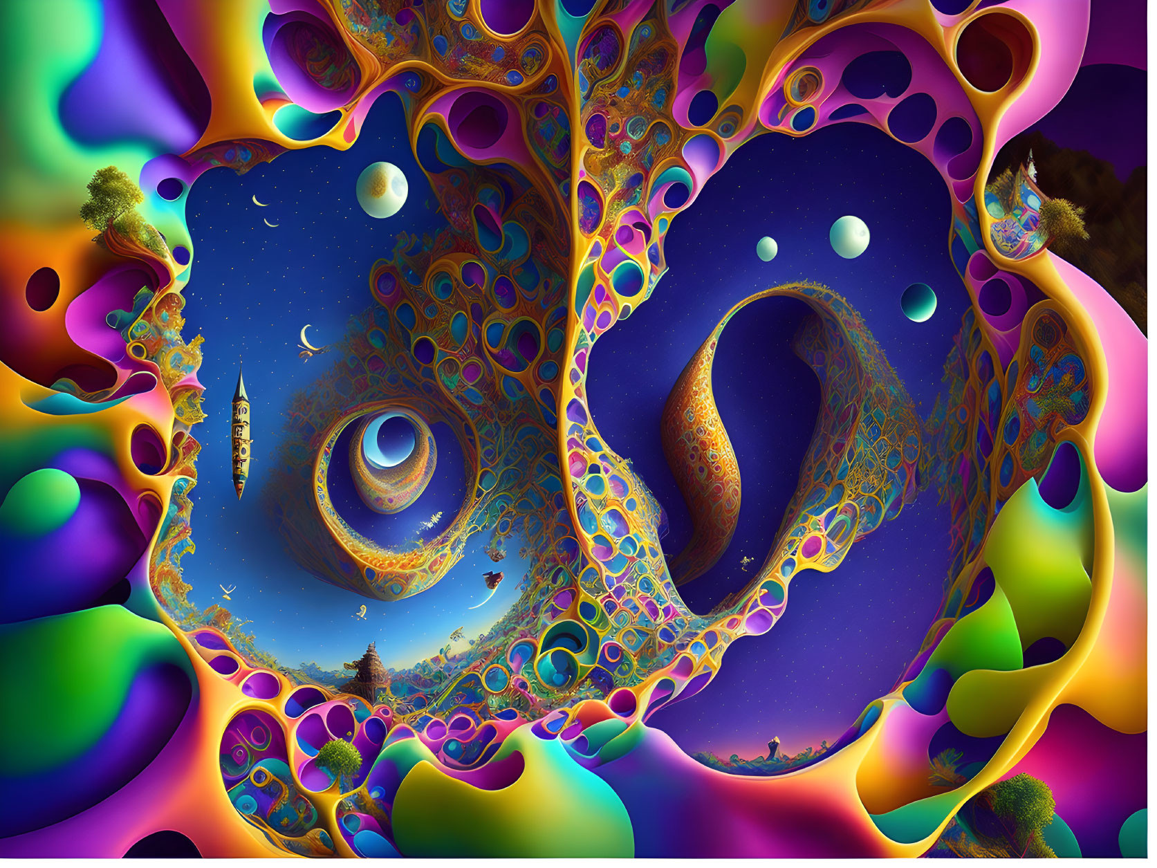 Colorful Fractal Image with Swirling Patterns and Abstract Shapes