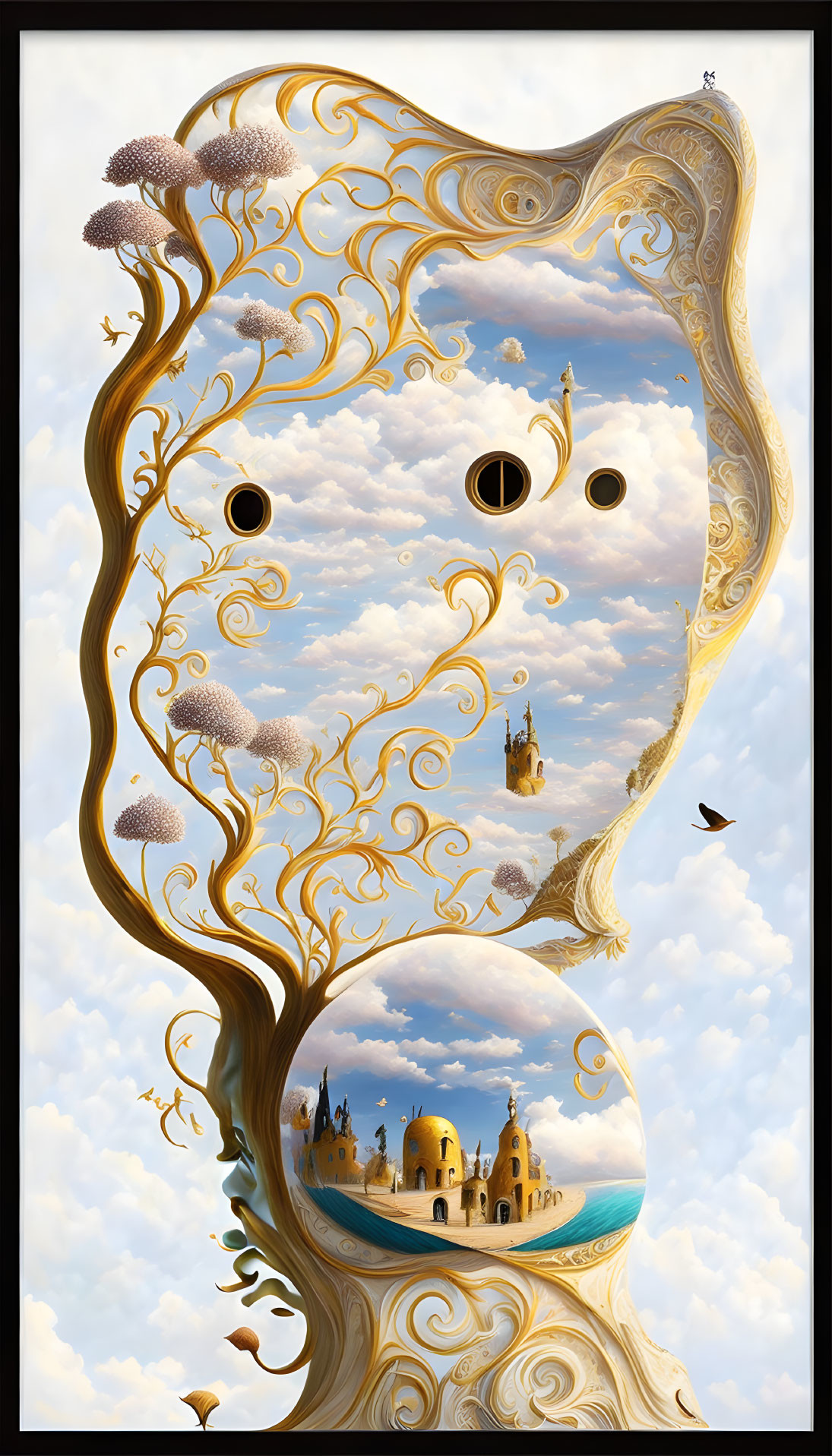 Surreal painting: swirling tree with eyes, castles, and floating islands