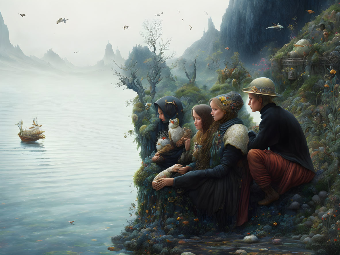 Medieval-themed group overlooking tranquil lake and misty hills