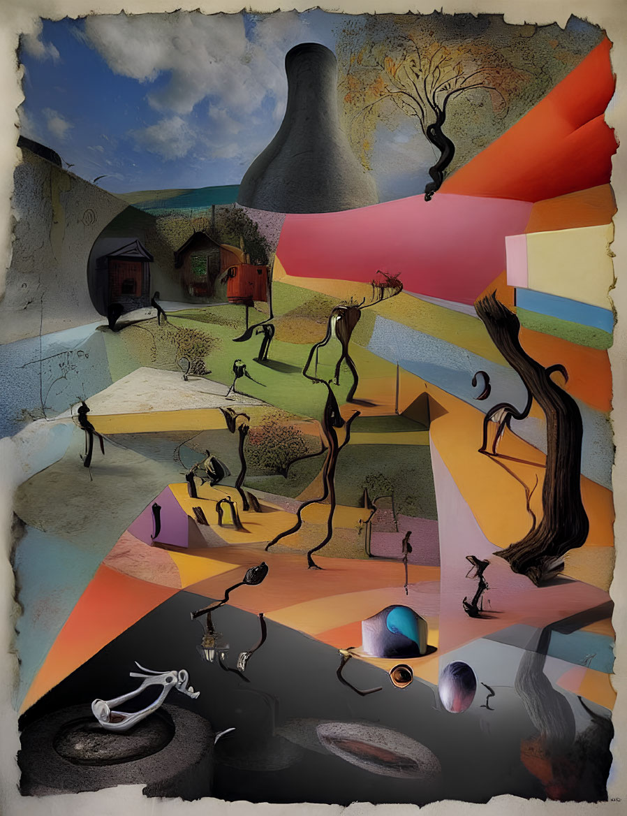 Colorful surreal artwork: elongated shadowy figures on fragmented landscape