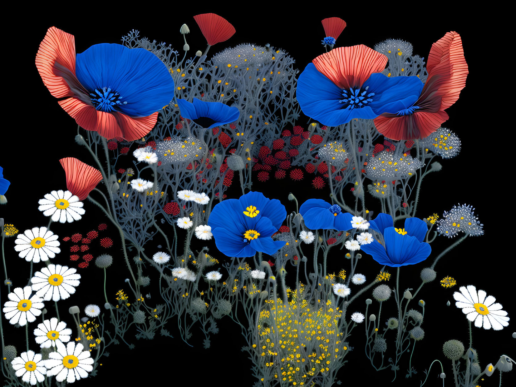 Colorful Illustrated Wildflowers on Black Background with Daisies and Foliage