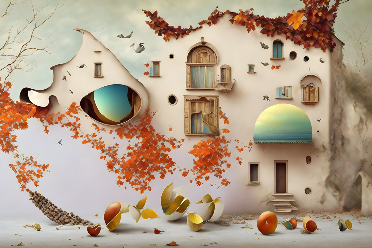 Surreal fantasy house with melted features and floating fruits in serene autumn setting