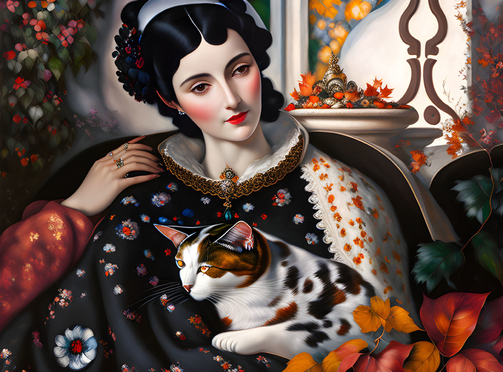 Stylized portrait of woman with pale skin and dark hair beside calico cat in lush setting