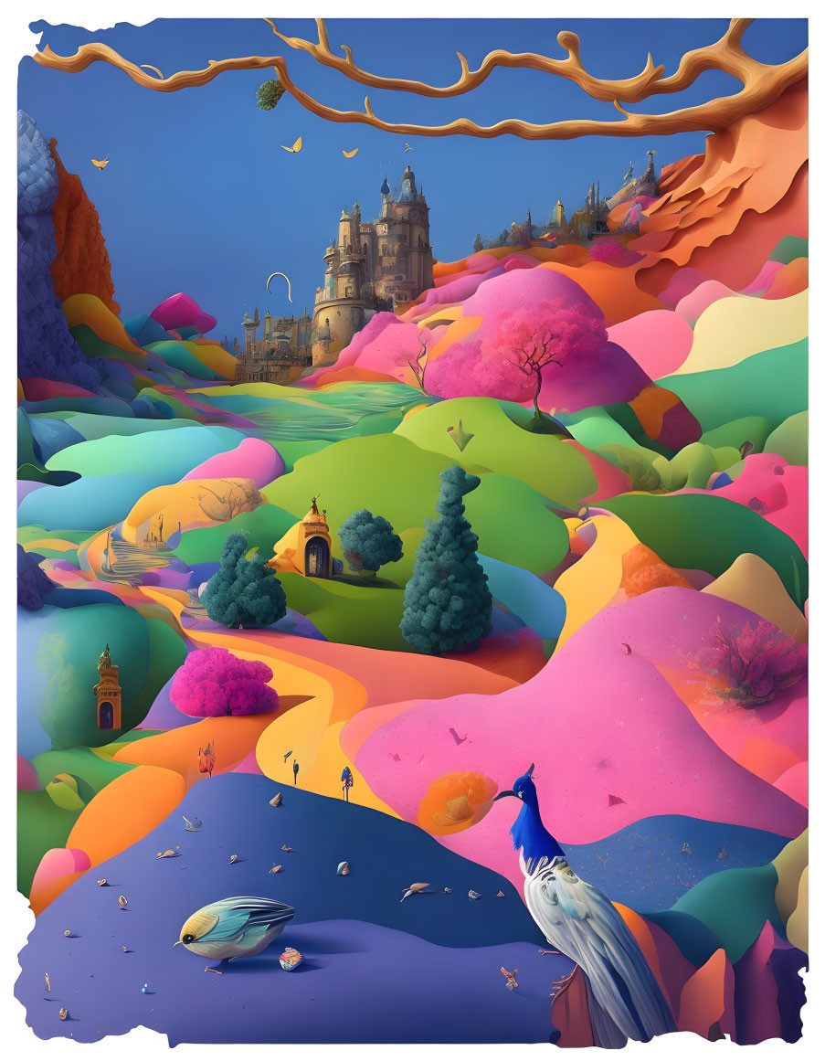 Multicolored rolling hills with grand castle and peacock
