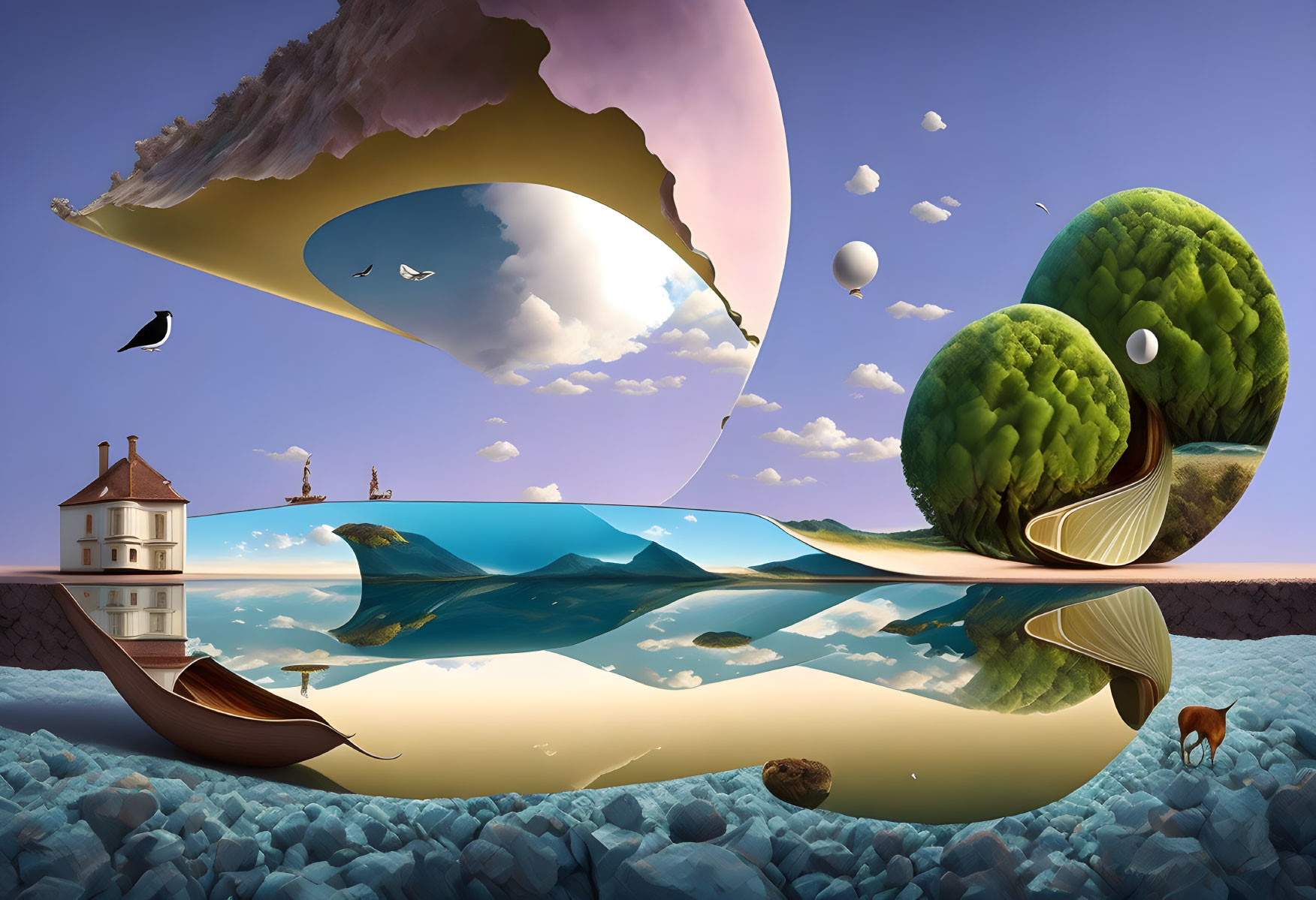 Surreal floating island with house, boat, submerged trees, birds, and lone deer