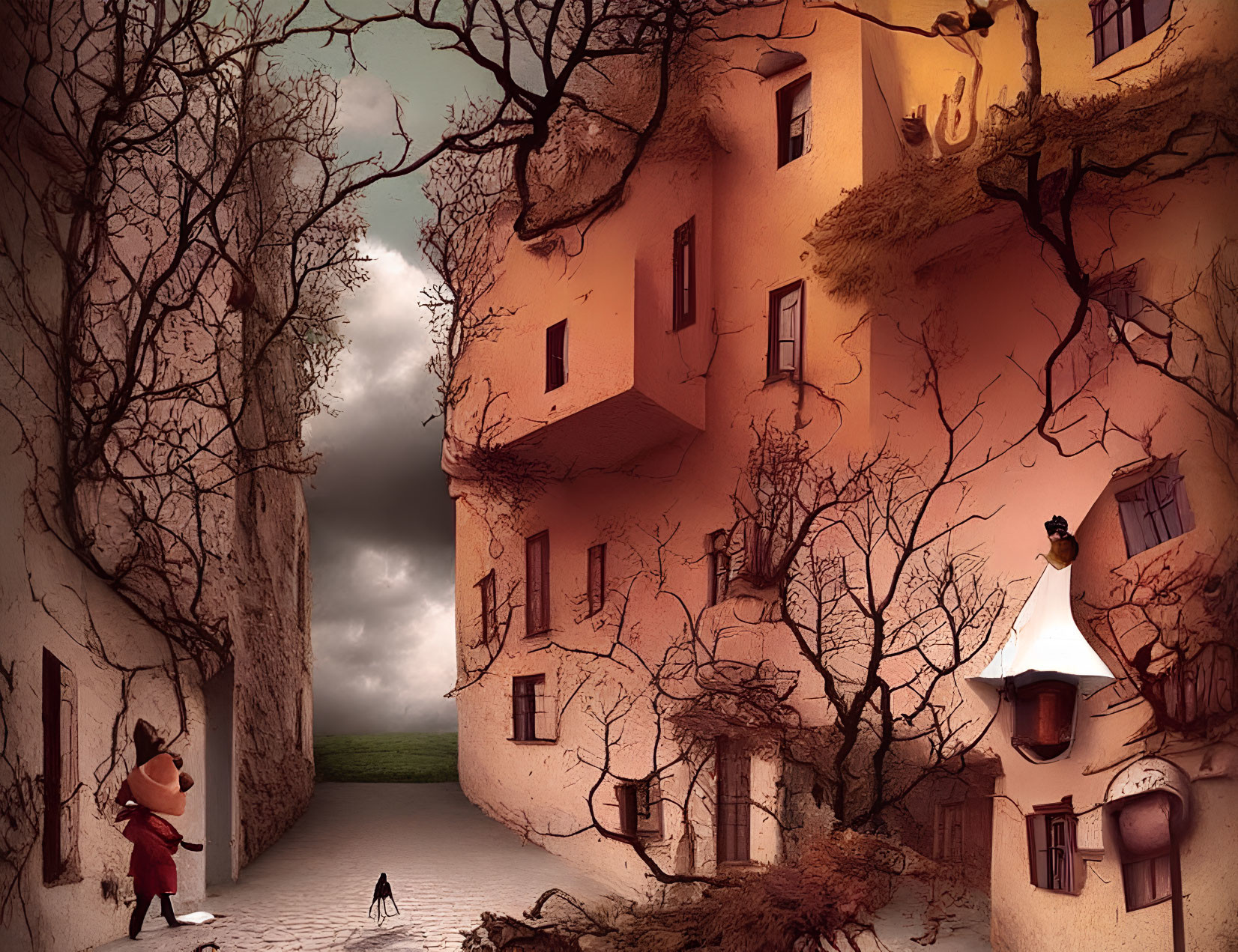 Whimsical accordion musician in surreal cityscape with cat