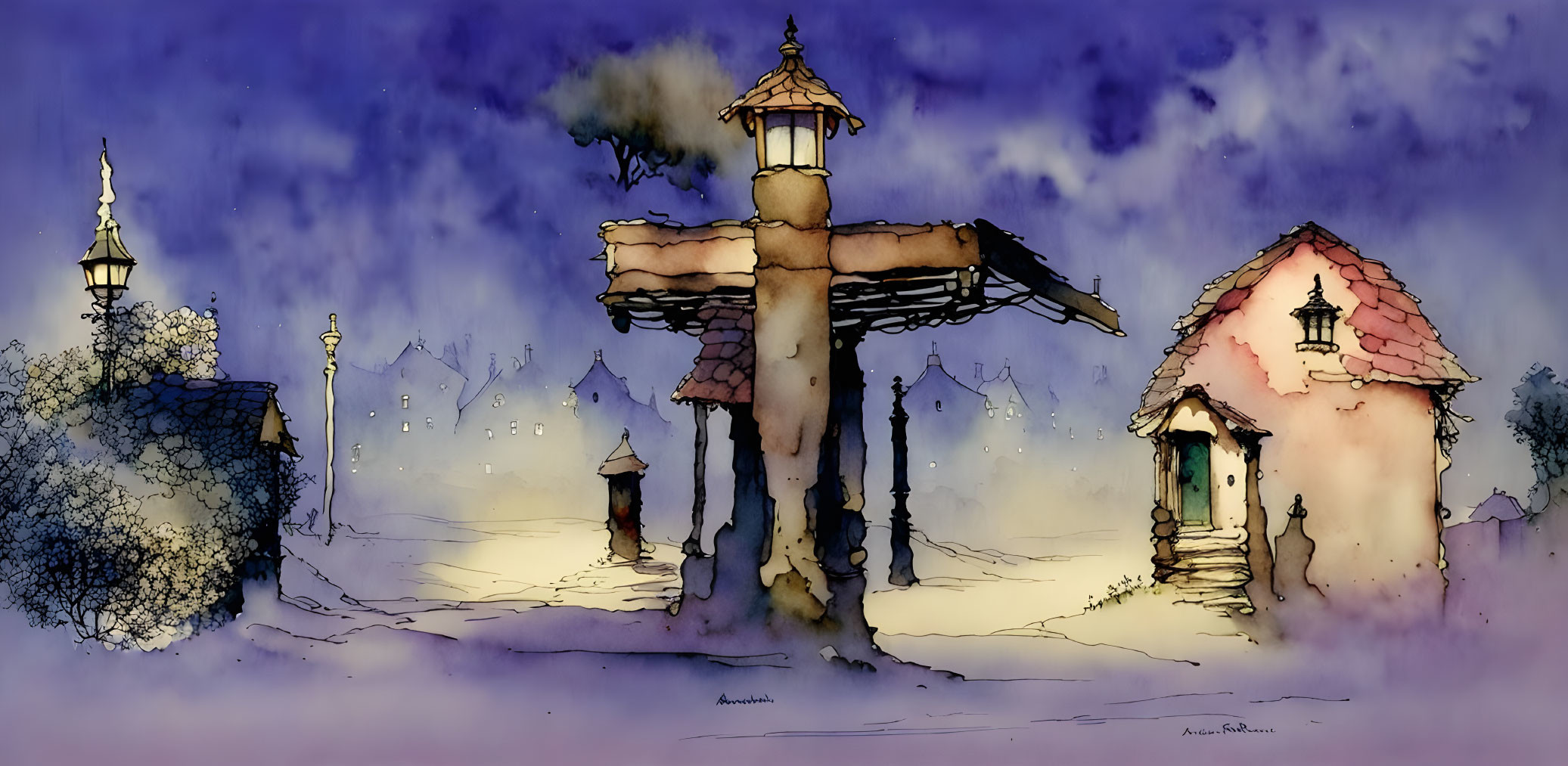 Whimsical twilight village scene with windmill, cottage, and lamp posts in watercolor