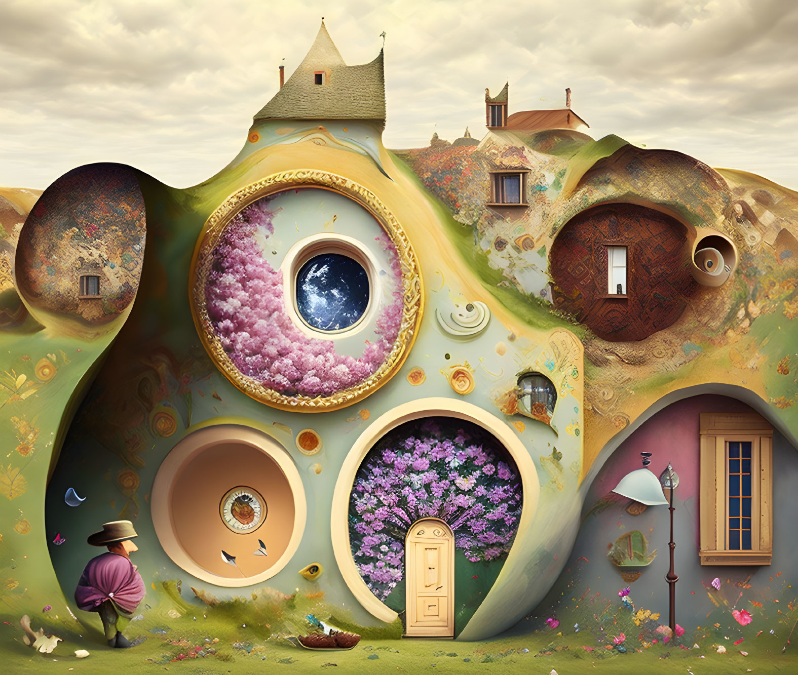Whimsical surreal landscape with organic buildings and man with hat