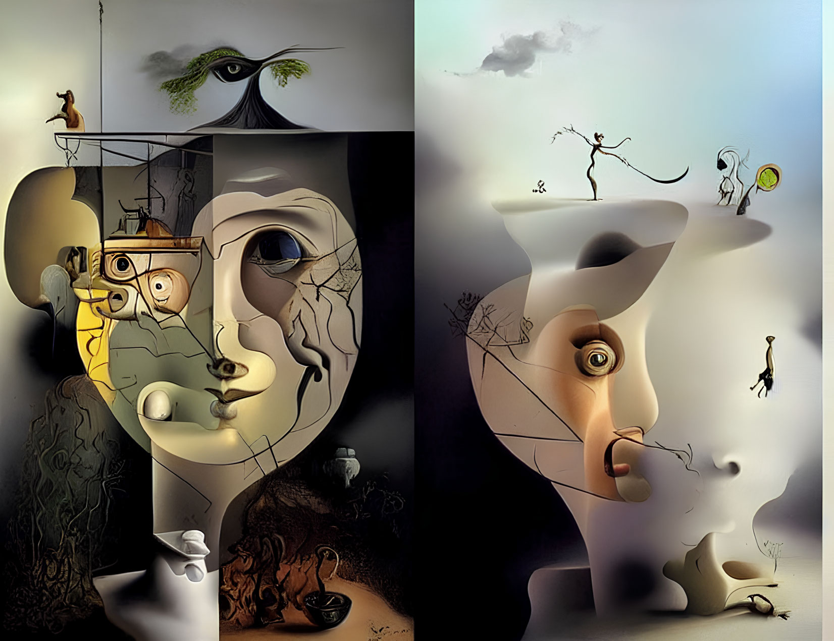 Fragmented Faces with Eye, Birds, and Fisherman in Surreal Art