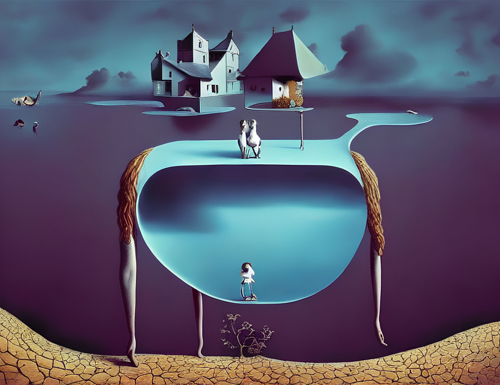 Glass filled with water supports floating island with house and woman staring upwards