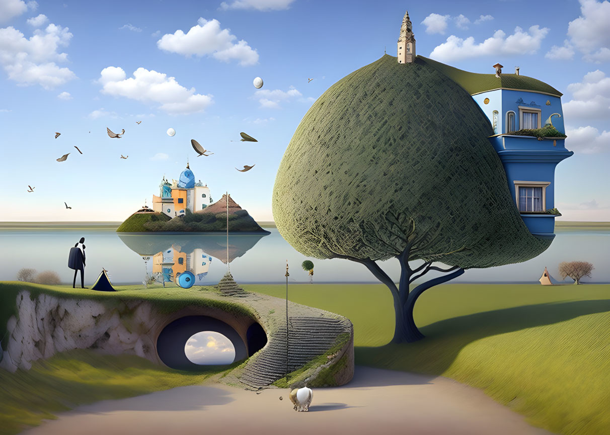 Surreal landscape with tree-shaped building, man, woman, sheep, floating rocks, and castle