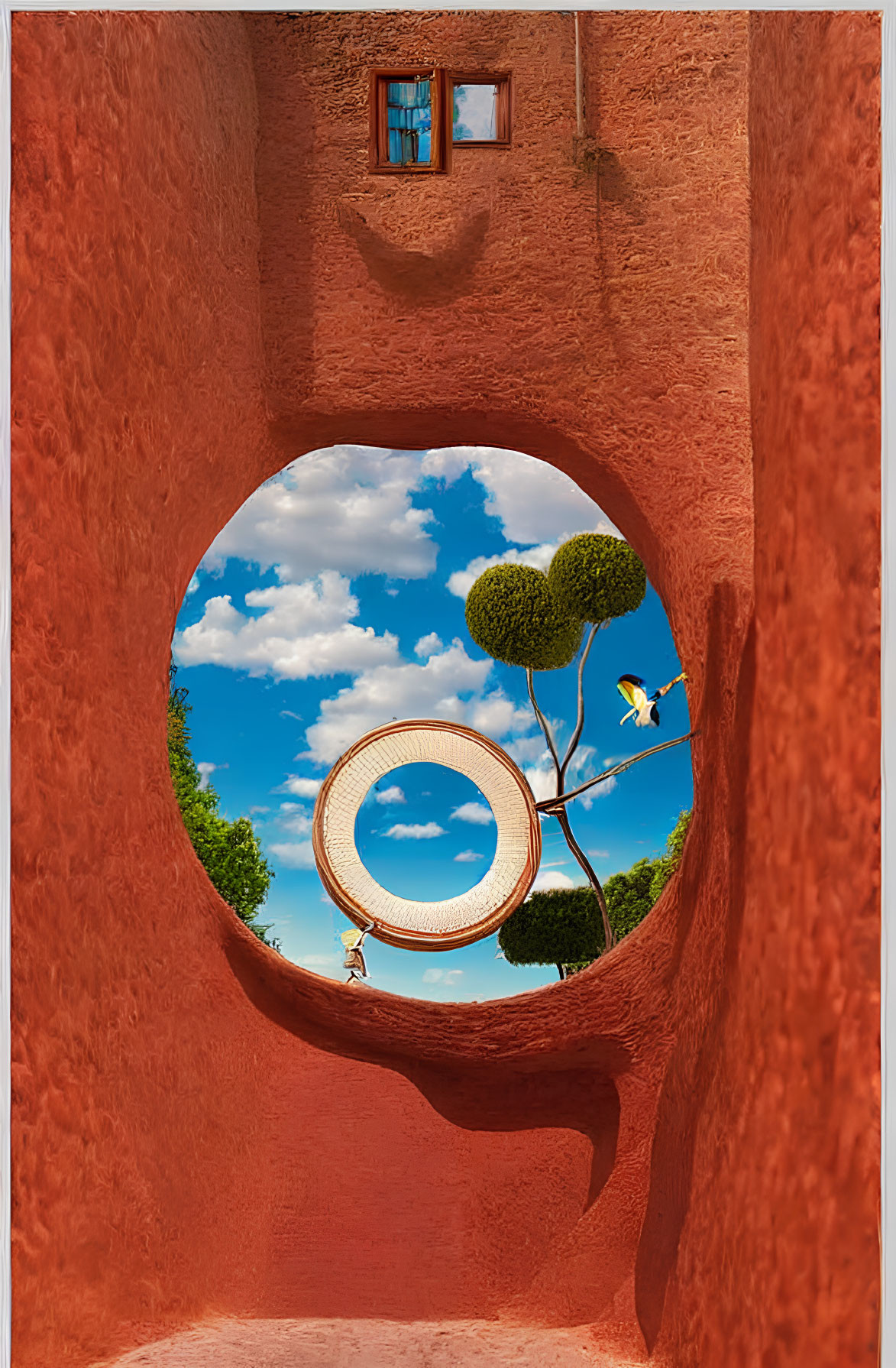 Surreal keyhole-shaped tunnel in red earth leads to whimsical scene with floating rings, running