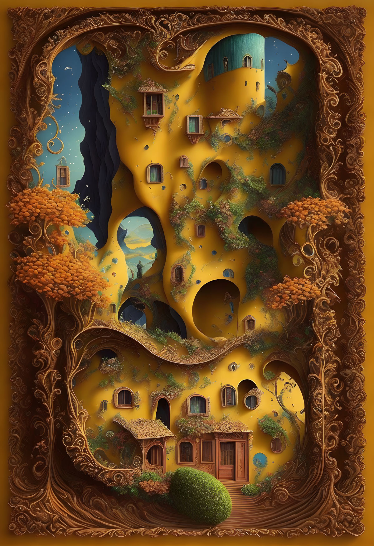 Detailed fantasy illustration: Golden landscape with surreal houses and starry night sky.