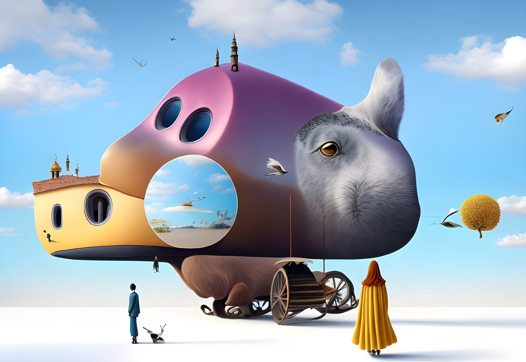 Whimsical rabbit-shaped structure with people, animals, and floating islands in a surreal scene