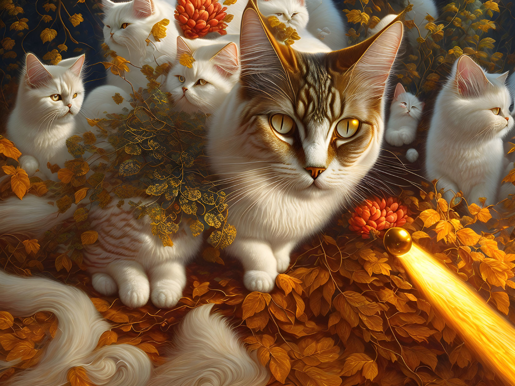 Illustration of White and Brown Cats in Autumn Setting