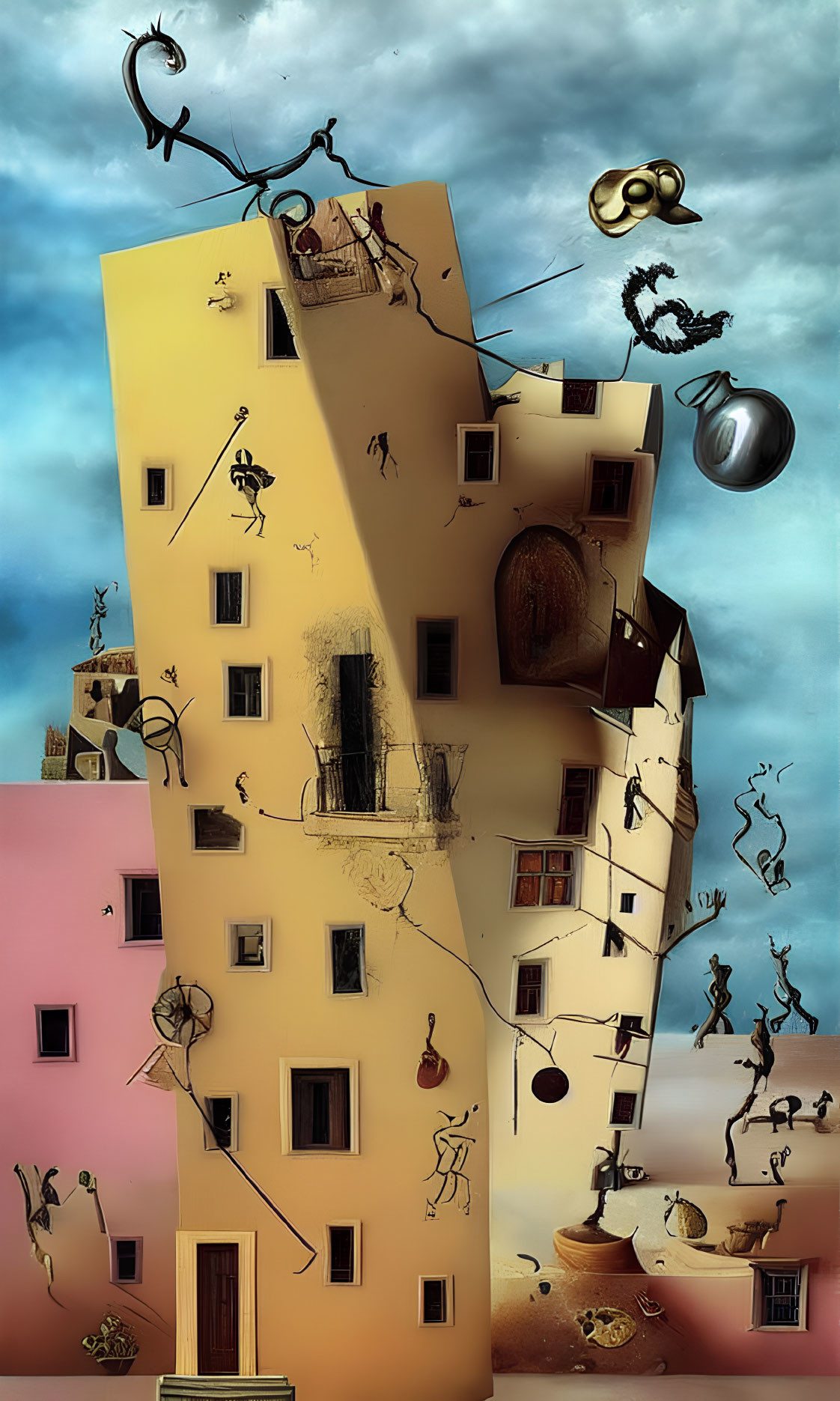 Distorted building with whimsical characters defying gravity