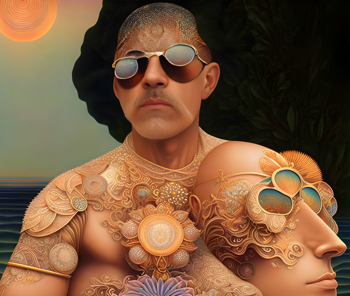 Two people with elaborate body art and sunglasses in front of water and suns.