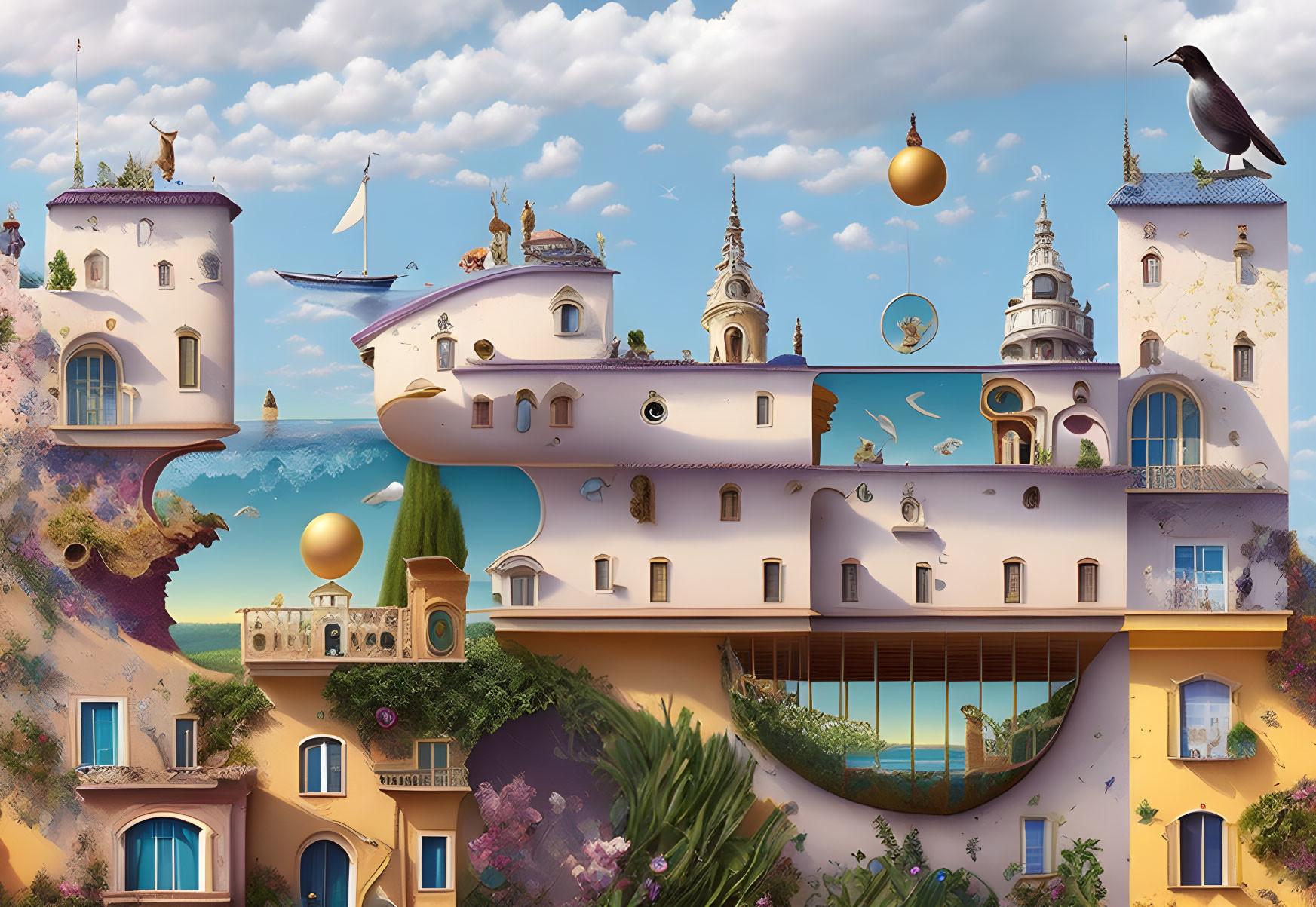 Surrealistic landscape with castles, spheres, bird, and flora