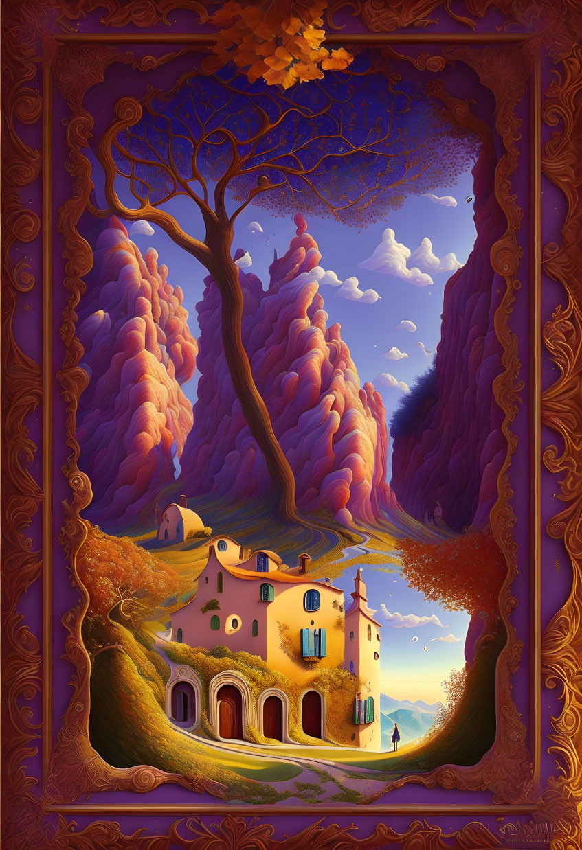 Whimsical house nestled in vibrant hills under starry sky