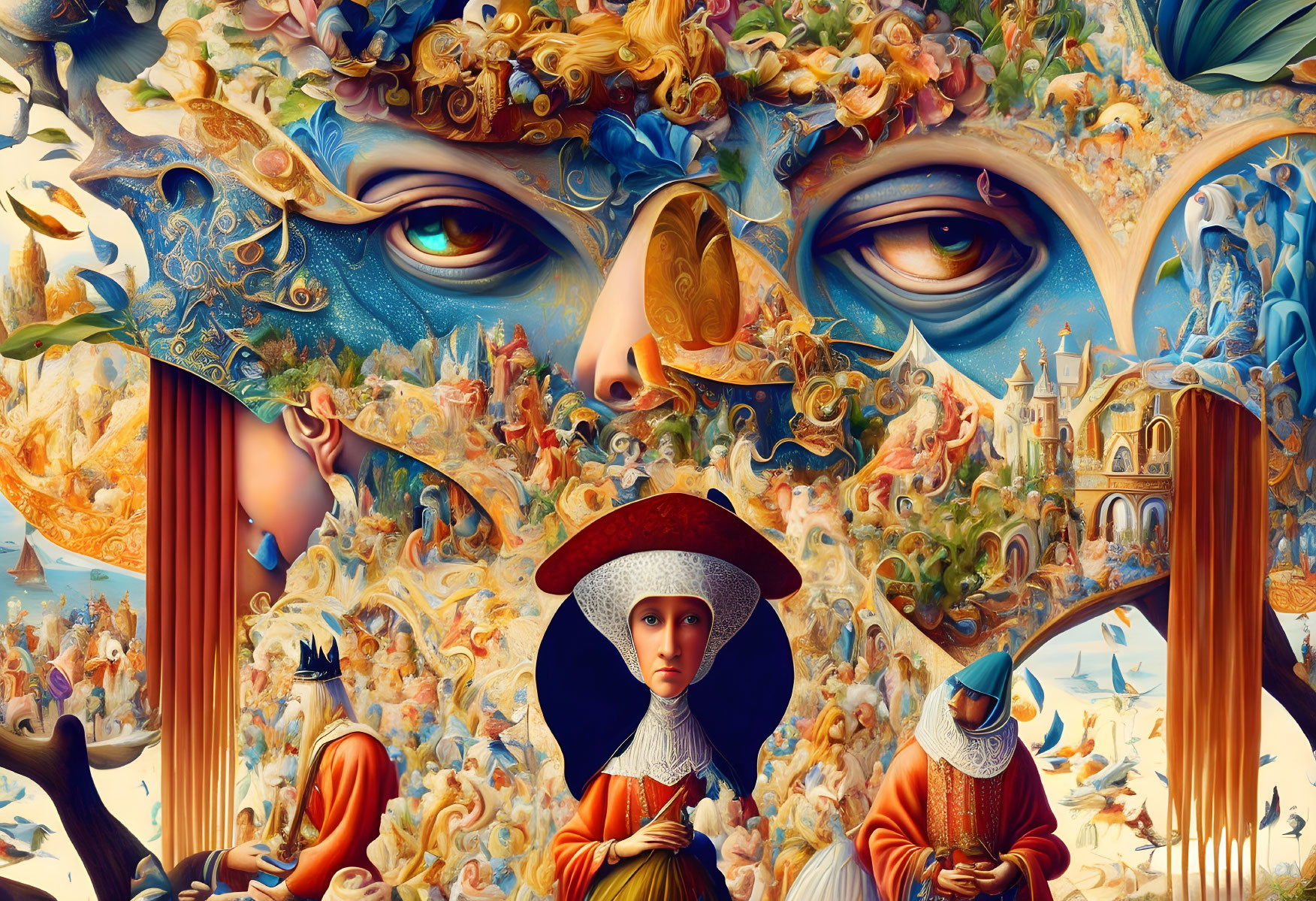 Colorful Surrealist Painting with Large Face and Historical Figures