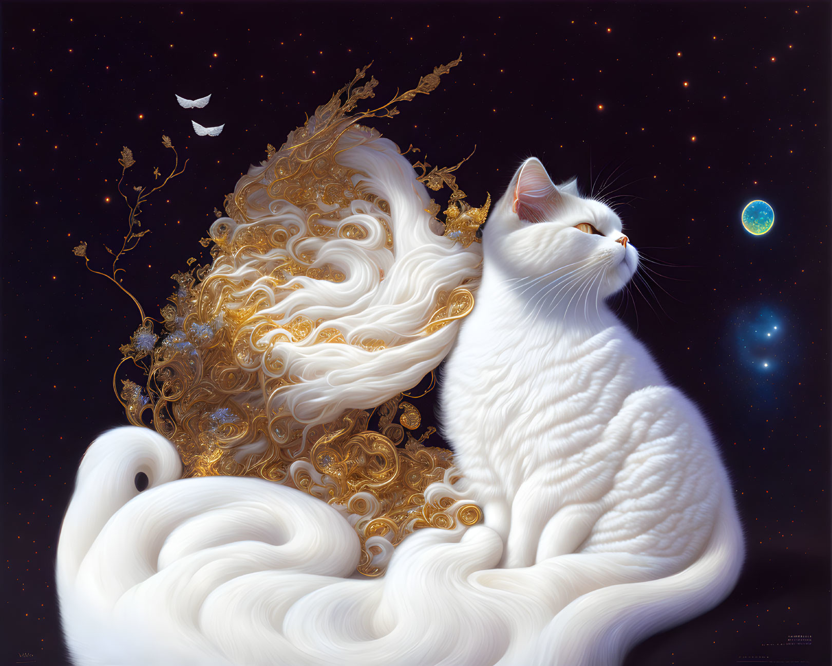 Majestic white cat with golden embellishments on starry backdrop