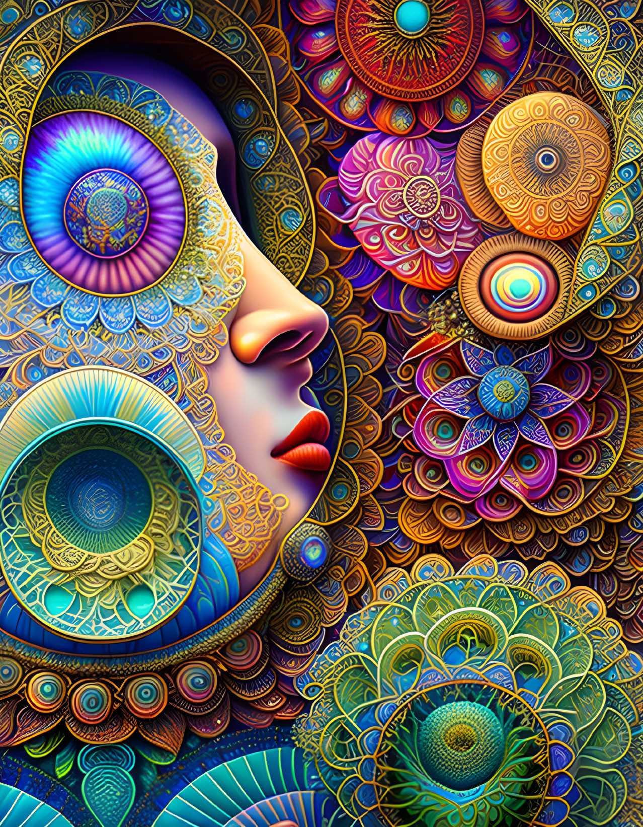 Colorful digital art: stylized face with intricate patterns