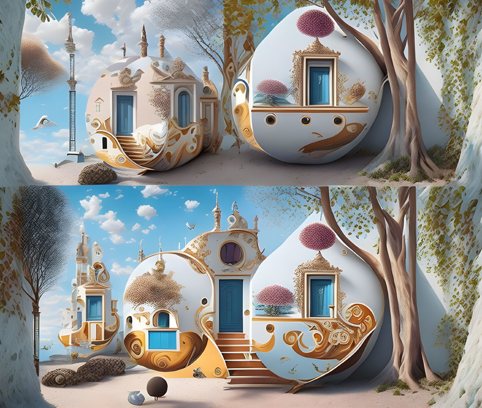 Ornate Egg-Shaped Houses in Surreal Landscape