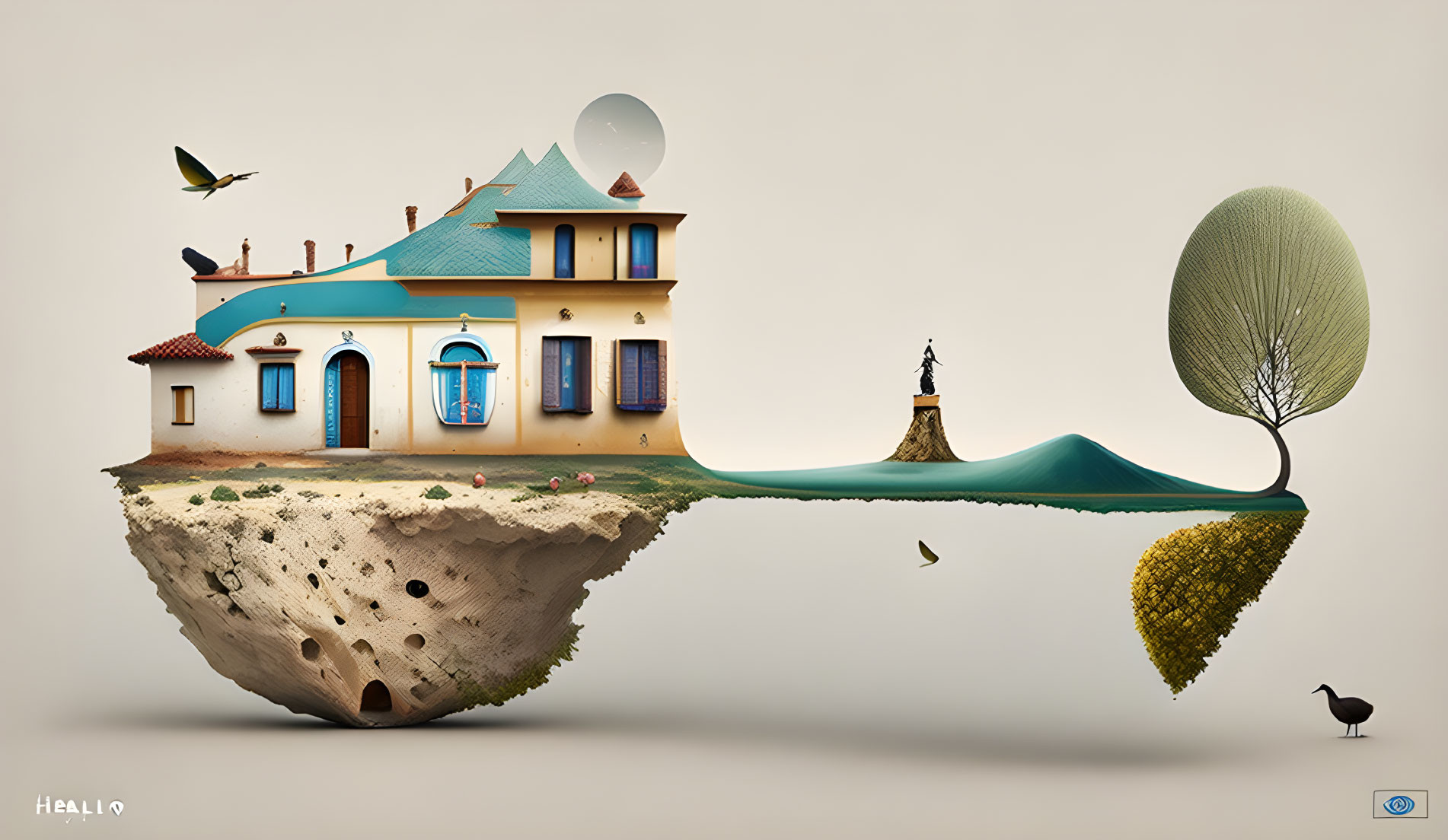 Whimsical floating island with unique house, tree, birds, and cat on roof