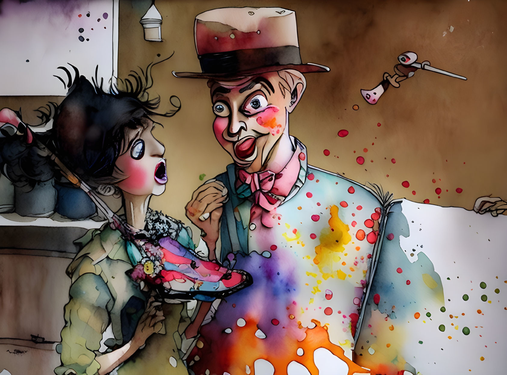 Colorful Watercolor Illustration: Shocked Woman & Man with Top Hat, Playful & Vibr