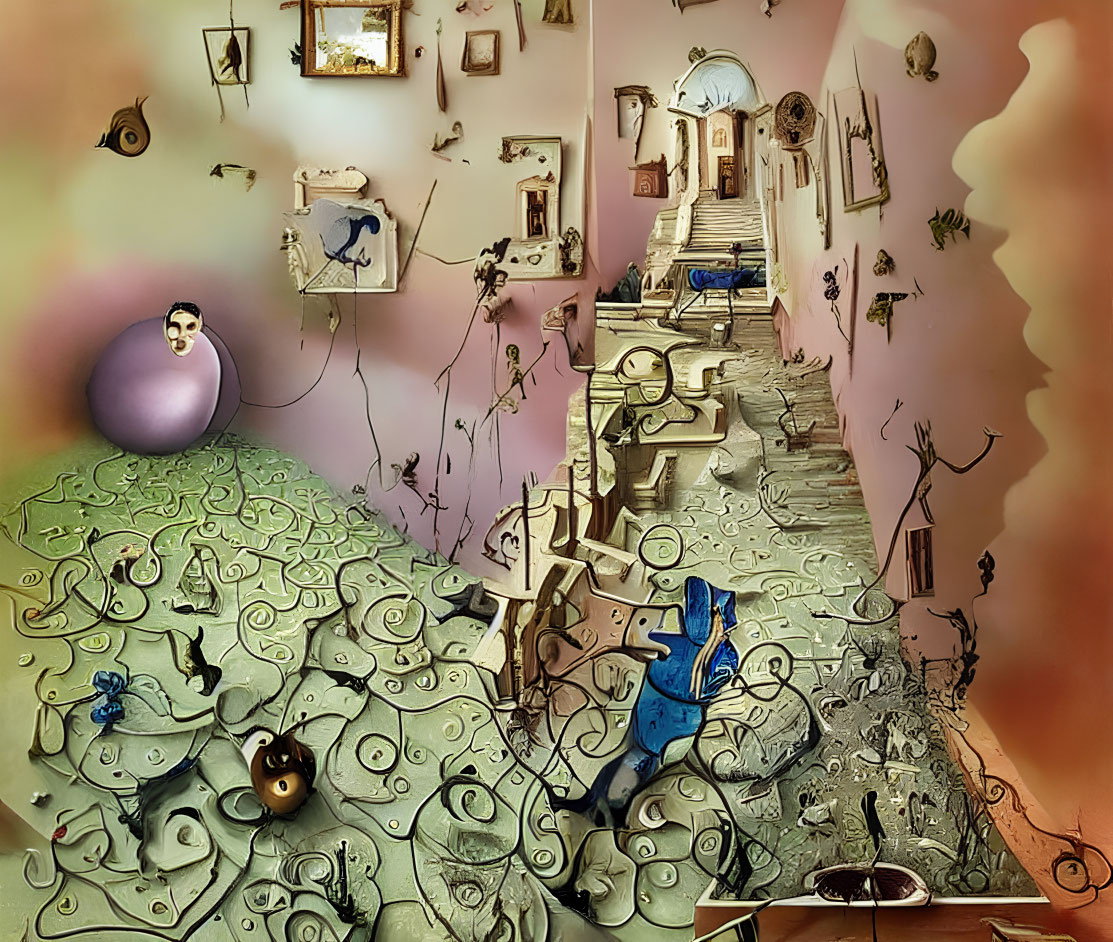 Surreal Room with Distorted Perspectives and Whimsical Decor