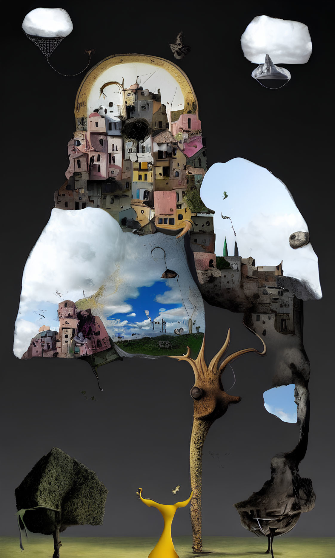 Surreal artwork: Floating islands form head silhouette with structures, wildlife, figure in yellow dress