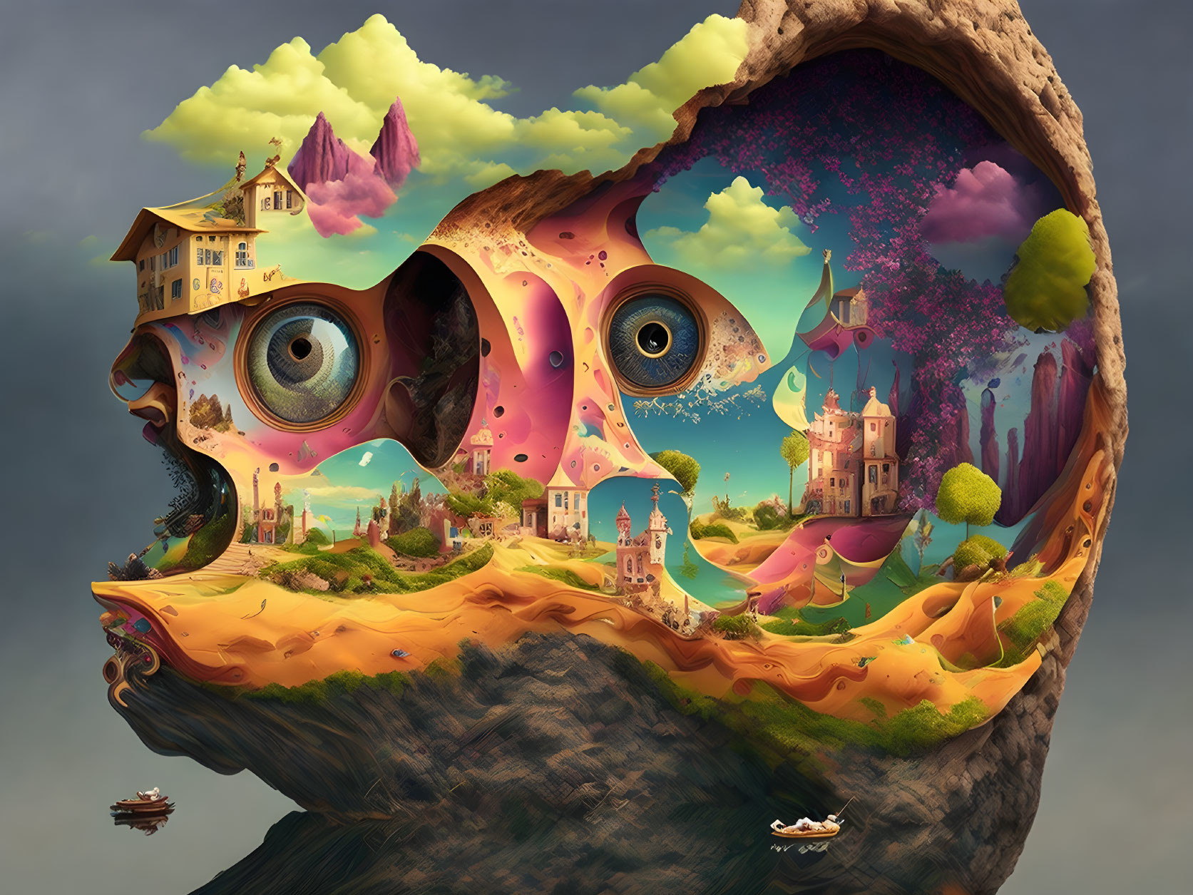Surreal landscape with facial features: valleys, hills, whimsical houses, dramatic sky