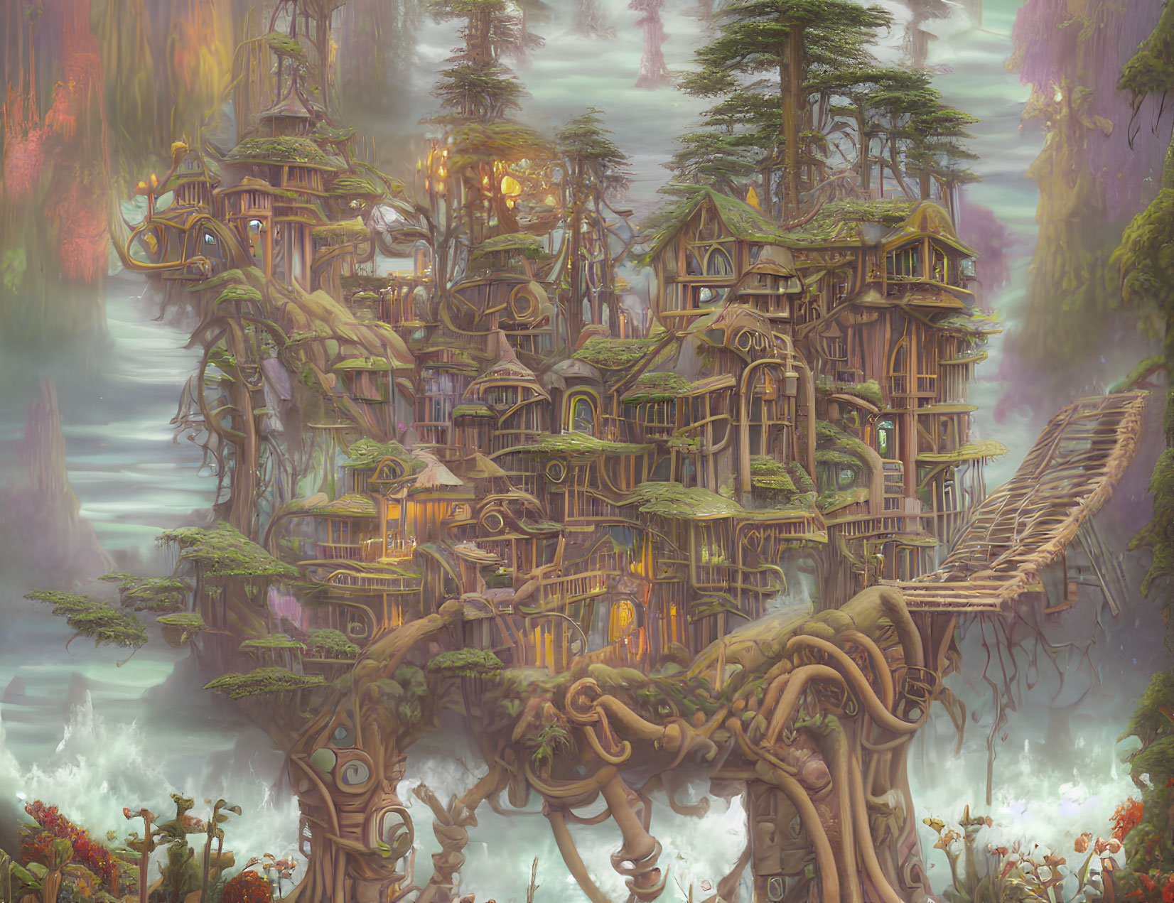 Enchanting forest village with intricate treehouses and misty foliage